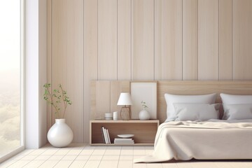 Fototapeta na wymiar Pine Accent Wall in Sustainable Bedroom Interior with Low Profile Bed and Beige Bedding and White Vase with Tree and Rectangular End Table