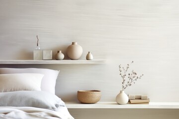 Fototapeta na wymiar Neutral Minimal White Bedroom Interior with Ceramics and Vases with Dried Floral Arrangements and Blank Wall