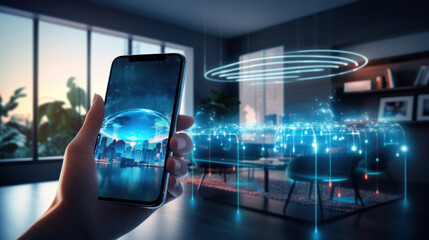 Fototapeta premium A person using a voice - activated virtual assistant, demonstrating AI's role in everyday life, with a modern smart home background, emphasizing convenience and connectivity. Generative Ai