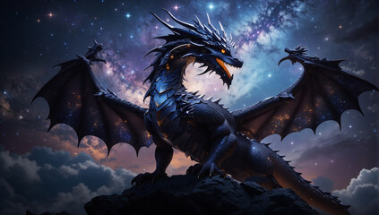 In the boundless expanse of a starlit sky, a majestic dragon soars, its mighty form an awe-inspiring silhouette against the cosmic tapestry of the night - AI Generative