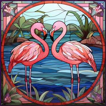 Square stained-glass illustration of a pink flamingo bird in a stained-glass/mosaic frame