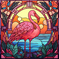 Square stained-glass illustration of a pink flamingo bird in a stained-glass/mosaic frame