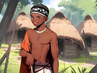 Young Xhosa man in front of some thatched huts, generative AI