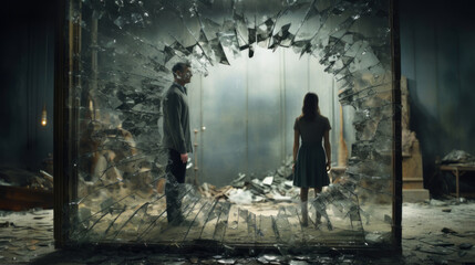A Man and Woman Stand in a Ruined Room, near Broken Glass as a Symbol of Their Separation, Divorce or Conflict