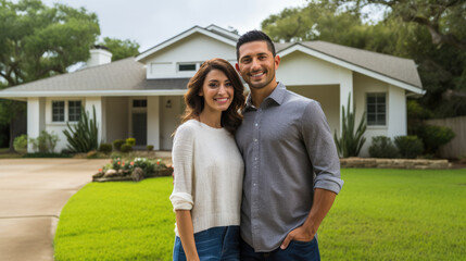 Joyful Hispanic couple in front of their spacious home and lawn, realizing homeownership dreams through mortgage goals.