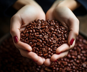 Woman Holding Coffee Beans Shaped into a Heart at a Local Cafe