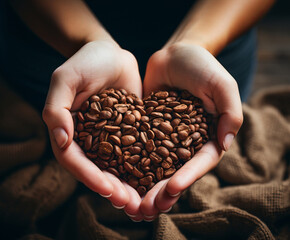 Closeup of Woman Hands Holds Coffee Beans in Shaped Like a Heart, Captured in a Cozy Coffee Shop