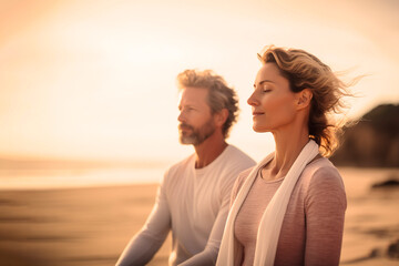 Peaceful shot of mature couple meditating by the sea at sunrise - obrazy, fototapety, plakaty