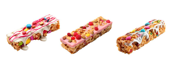 Three delicious colorful candy cereal bars over isolated transparent and white background