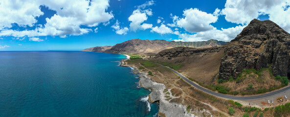 A UAV View of the West Coast of Oahu, Hawaii, looking at Keana Point nd the Rugged Lava Coast Pounded by the Waves