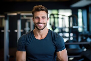handsome sporty man sports trainer in the gym smiling - obrazy, fototapety, plakaty