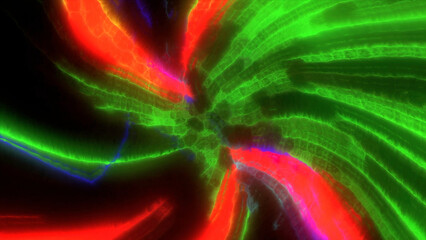 Bright colors and forms move and undulate on screen. Motion. Spinning time travel jump with spinning rays.