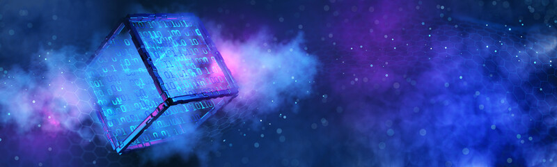 Cube with binary code. Abstract technical background. Data block. Big data. Binary code. Hacker...