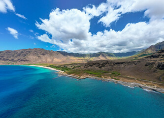 A UAV View of the West Coast of Oahu, Hawaii, looking at Keana Point nd the Rugged Lava Coast Pounded by the Waves