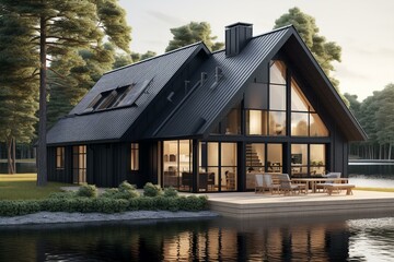 A Scandinavian house with a solar-panelled black roof. Generative AI