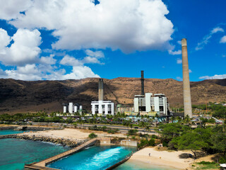 The West Coast of Oahu, Hawaii, at Electric Beach with the Kehe Point Oil Powered Generator Facility and the Hot Water Discharge Outlet and the Beach Entry Area Where there is good snorkeling