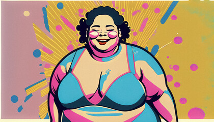 Happy Curvy Woman in Bathing Suit or Underwear Body Positive Confident Illustration