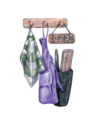 Wooden hanger with kitchen attributes: sign, towel and apron. Isolated watercolor illustration