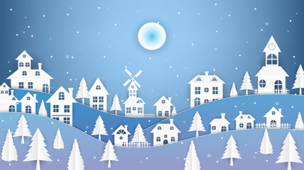 Fototapeta premium Snow village winter paper cut 