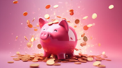A pink piggy bank explodes with coins on pink background. Illustration of the concept of personal savings and financial investment,