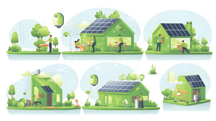 Sustainability illustration set.Characters reduce energy consumption at home, unplug appliances and use energy saving light bulb.Green electricity and power save concept.Vector illustration.
