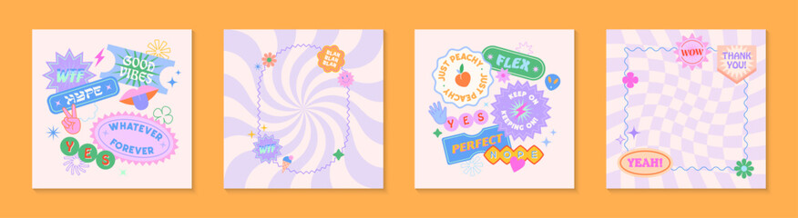 Illustrations with patches and stickers in 90s style.Modern templates in y2k aesthetic chess and spiral backgrounds.Trendy funky designs for banners,social media marketing,branding,packaging,covers