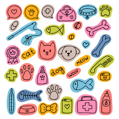 Hand drawn vet icons. Pet shop or store concept. Caring for animals dogs, cats. Pets stuff and supply set
