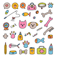 Hand drawn vet icons. Pet shop or store concept. Caring for animals dogs, cats. Pets stuff and supply set