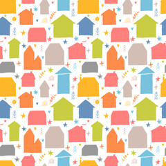 Seamless pattern with hand drawn houses, buildings. Flat style. Texture for fabric, wrapping, wallpaper, textile