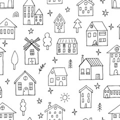 Seamless pattern with hand drawn houses. Doodle style. Buildings. Texture for fabric, textile, wrapping, wallpaper