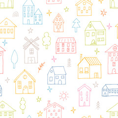 Seamless pattern with hand drawn houses. Buildings. Doodle style. Texture for fabric, wrapping, textile, wallpaper