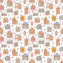 Seamless pattern with hand drawn houses. Doodle style. Buildings. Texture for fabric, wrapping, wallpaper