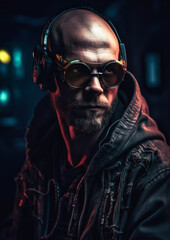 Bald man with headphones in cyberpunk style on a background with conceptual lights for frame