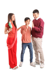 Obraz premium Happy family with Indian flag on white background