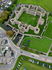 Aerial view of the ruins of Beaumaris Castle on the Island of Anglesey in North Wales, United Kingdom.