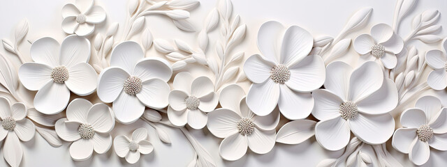 White bright abstract floral flowers leaves 3d tiles wall texture background banner panorama, flower leaf pattern illustration