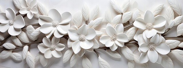White bright abstract floral flowers leaves 3d tiles wall texture background banner panorama, flower leaf pattern illustration