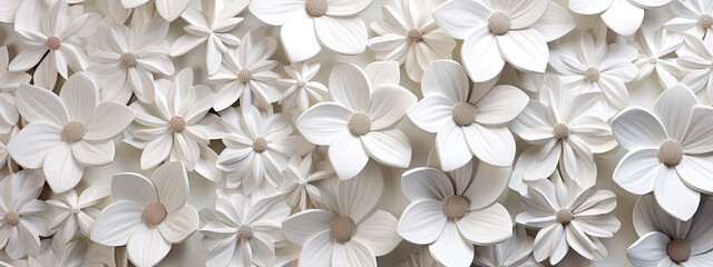 White bright abstract floral flowers leaves 3d tiles wall texture background banner panorama, flower leaf pattern illustration