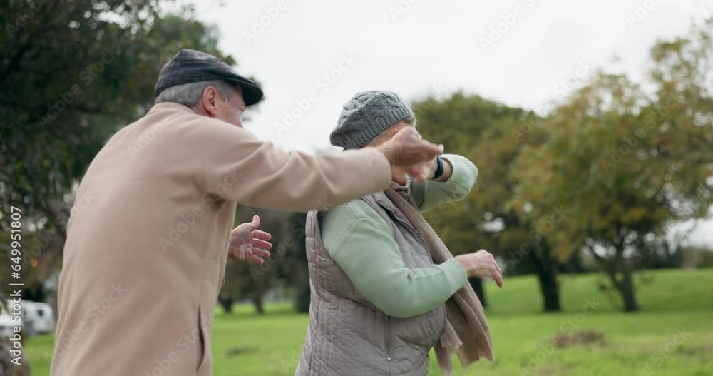 Sticker Dancing, senior couple and outdoor at a park with fun energy, happiness and love on holiday. Elderly man and woman in nature for a spin, funny adventure and celebration of retirement and freedom