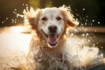 Playful Dog splashing water fun. Wet action. Generate Ai