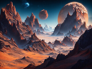 A distant planet with a dynamic landscape and its moons - AI Generative