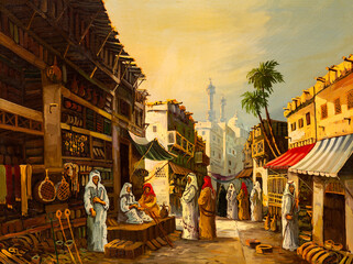 Fototapeta premium Vintage oil painting depicting an ancient Middle Eastern marketplace, possibly set in Cairo, Egypt, with stalls and an array of merchandise evoking the spirit, and nostalgic essence of days gone by.