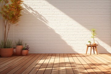 Terrace with garden equipment - 3D render of a house with empty white brick wall, wood floor, and brown roof; sunlight shines on the wall with tree shadow. Generative AI