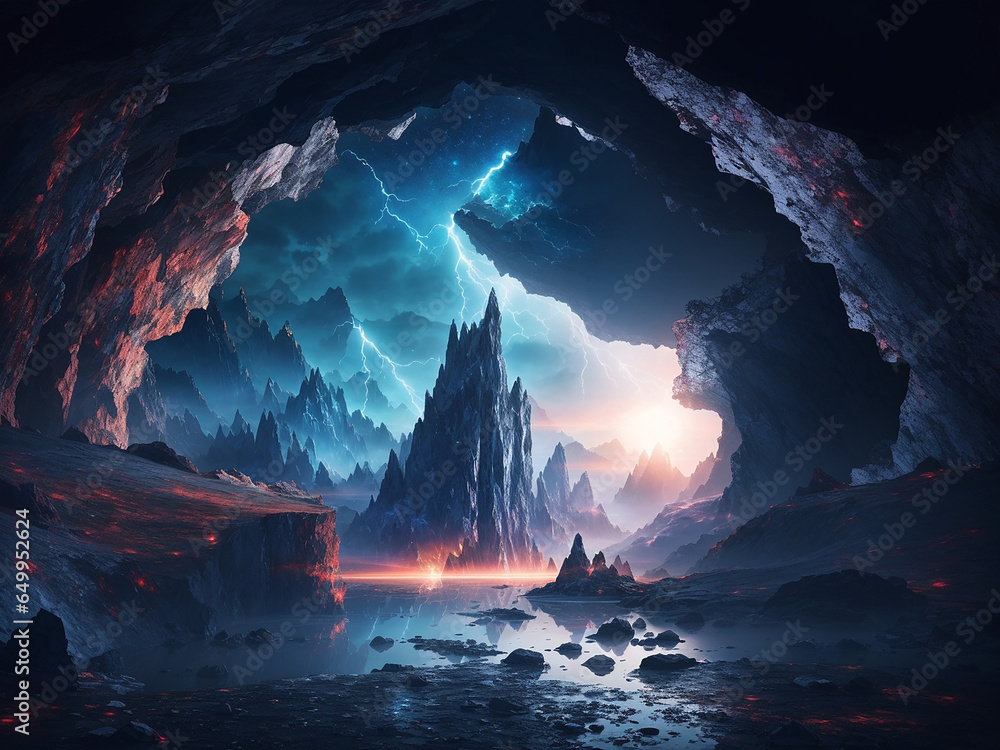 Poster a shot of an out worldly land from a cave with strange rock formation and lava - ai generative