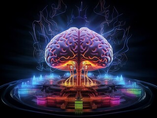 Fantasy Intellect: Vibrant Brain Pulsing with Magical Energy Amidst Floating Symbols and Equations Representing Creativity and Knowledge