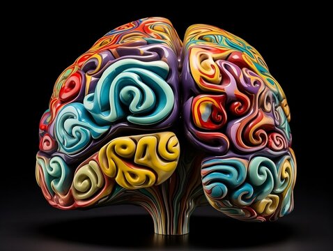 Sculpted Synapses: Colorful Clay Brain Sculpture Celebrating Human Mind Against Black Background