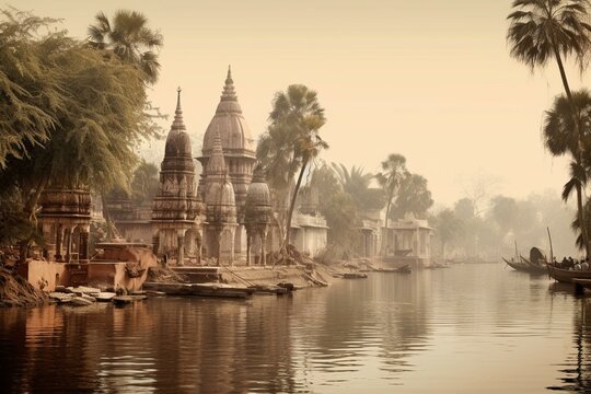Indian riverside with ancient temples and palm trees. Generative AI