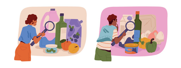 Conscious shopping set. People carefully study products in store or shope and monitor their diet. Characters buy and choose grocery goods for healthy nutrition. Cartoon flat vector illustration