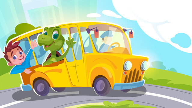 Yellow school bus. Floral poster with kids and schoolchildren, road and transport. Characters with turtle rolling in car. Education, study and learning concept. Cartoon flat vector illustration