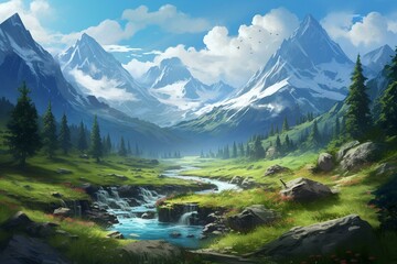 Stunning snowy mountain landscape with picturesque valley, lush forest, and vibrant birdlife. Generative AI